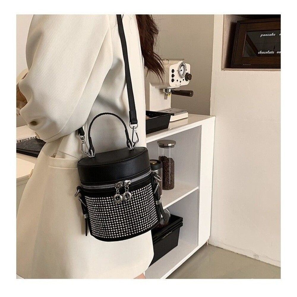 Women's Black Rhinestone Bucket Satchel Crossbody Handbag - Picture 5 of 7
